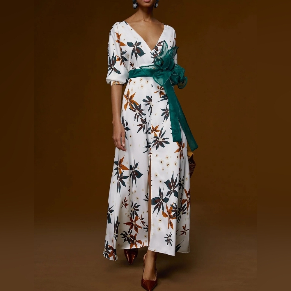 White Floral V Neck Long Sleeve A-Line Maxi Dress - Size 12, NWT